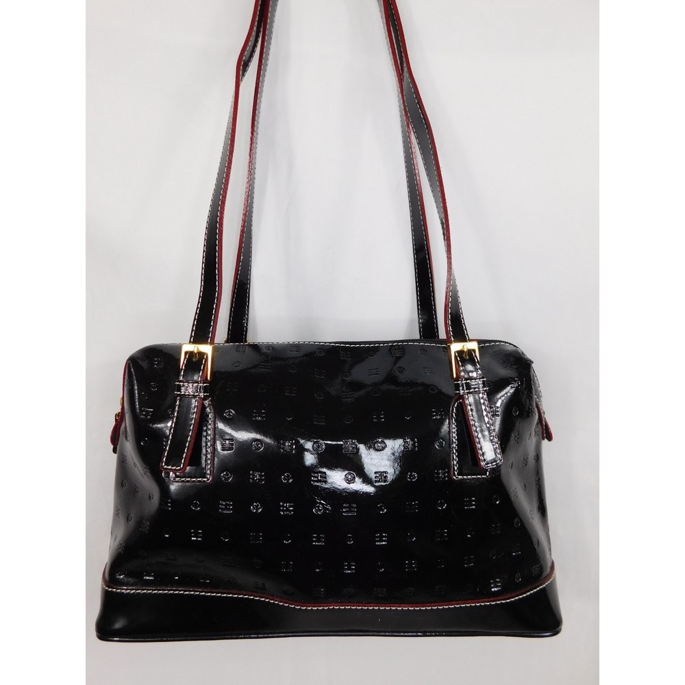 ARCADIA BLACK MONOGRAM PATENT LEATHER SATCHEL
